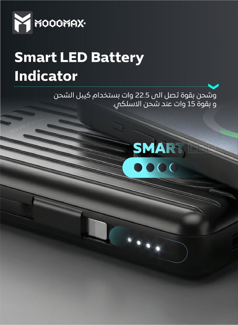 موجماكس باور بنك بسعة 10000 مللي أمبير. باور بانك صغير لاسلكي مغناطيسي (ماج سيف). شاحن متنقل صغير بثلاث منافذ (يو اس بي& تايب سيPD& لايتنينج ايفون). بطاريه متنقله باسلاك شحن قماشية مدمجة (تايب سي& لايتنينج ايفون). بور بنك بقوة شحن 15واط لشحن اللاسلكي و22.5 واط لمنافذ الشحن والكيابل. أسود - Image 5